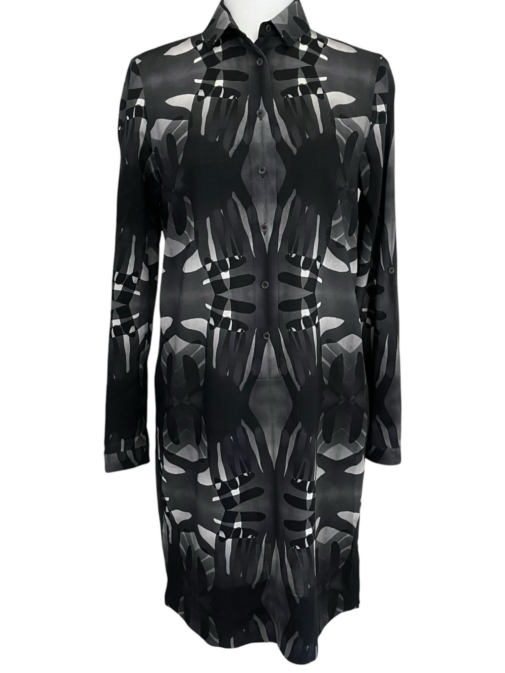 Akris Punto 100% Wool Semi Sheer Abstract Artsy Print Shirt Dress Black Gray 6